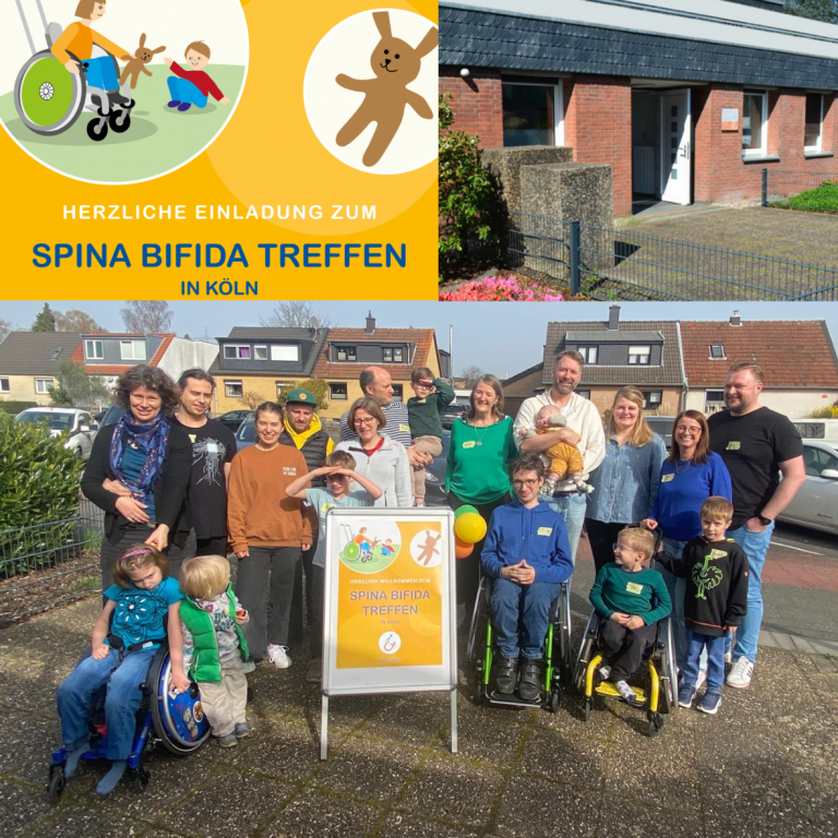 Oben der Schriftzug Spina bifida Treffen in Köln, rechts ein Foto der Logopädiepraxis Chris Oomen, unten drunter ein Gruppenbild der teilnehmenden Familien